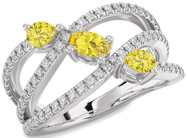 Yellow Diamond Silver Oval Three Stone Ring