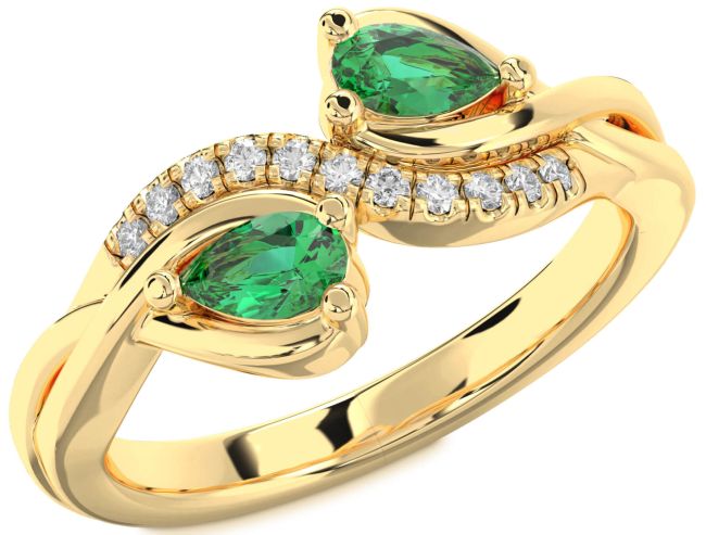 Diamond Emerald Gold Pear Two Stone Birthstone Ring