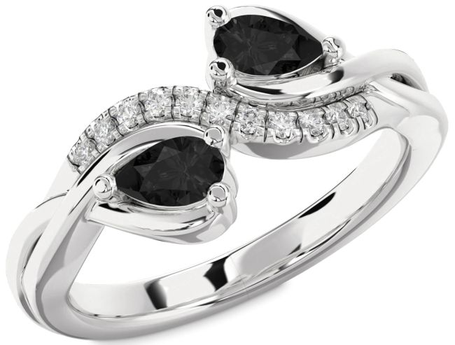 Black Diamond Silver Pear Two Stone Ring