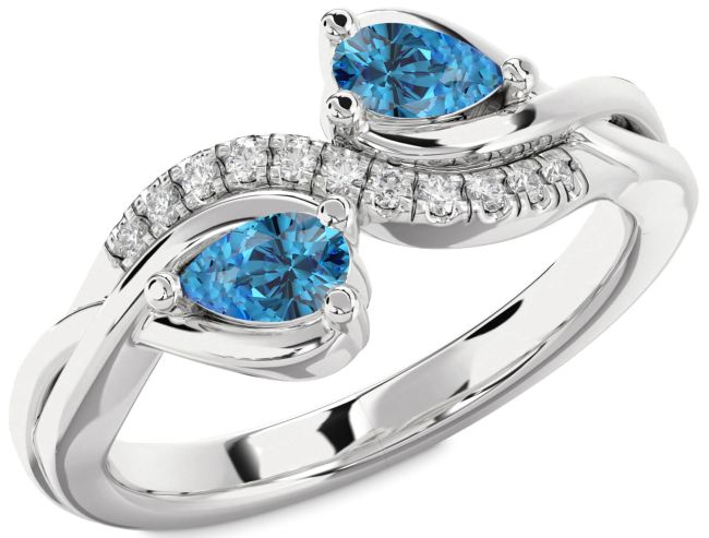 Blue Diamond Silver Pear Two Stone Ring