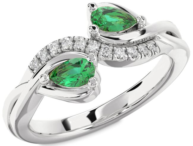 Diamond Emerald Silver Pear Two Stone Birthstone Ring