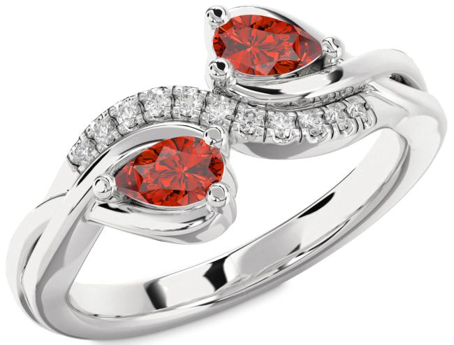 Diamond Fire Opal Silver Pear Two Stone Ring