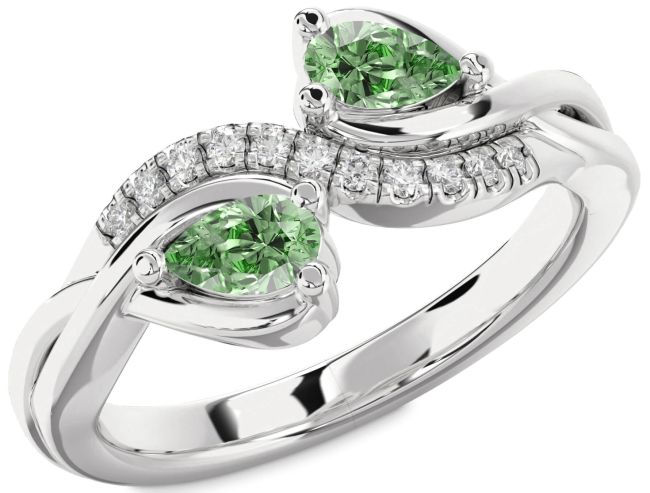 Green Diamond Silver Pear Two Stone Ring