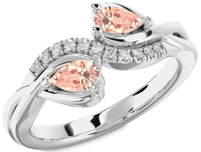 Diamond Morganite Silver Pear Two Stone Ring