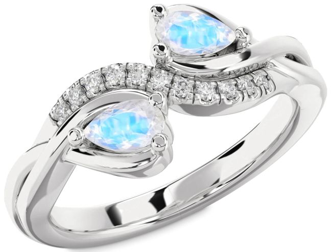 Diamond Moonstone Silver Pear Two Stone Ring