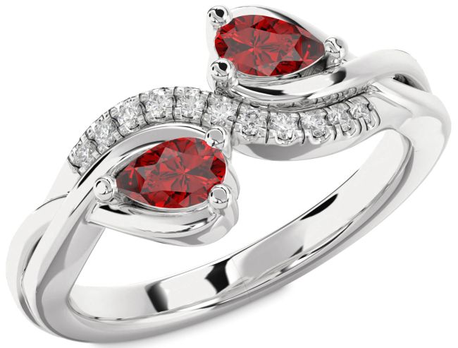 Diamond Ruby Silver Pear Two Stone Birthstone Ring