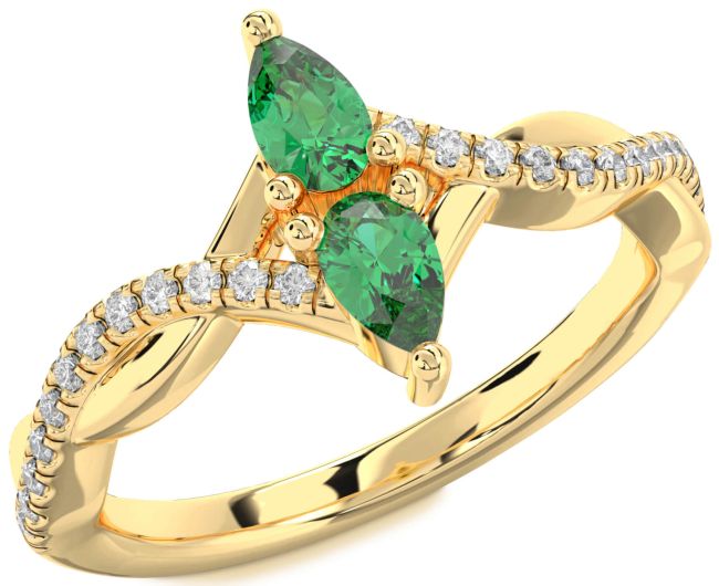 Diamond Emerald Gold Pear Two Stone Birthstone Ring