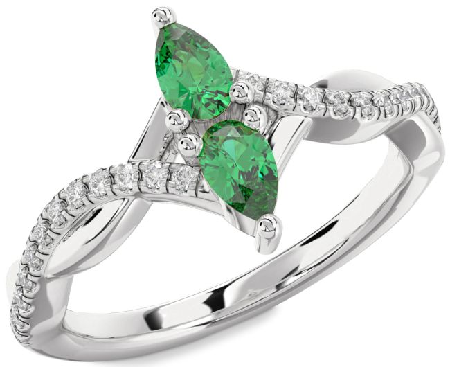 Diamond Emerald Silver Pear Two Stone Birthstone Ring
