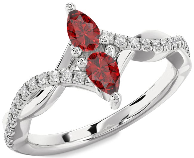 Diamond Ruby Silver Pear Two Stone Birthstone Ring