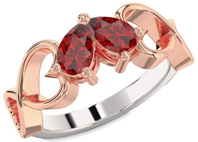 Ruby Rose Gold Silver Infinity Heart Two Stone Birthstone Ring