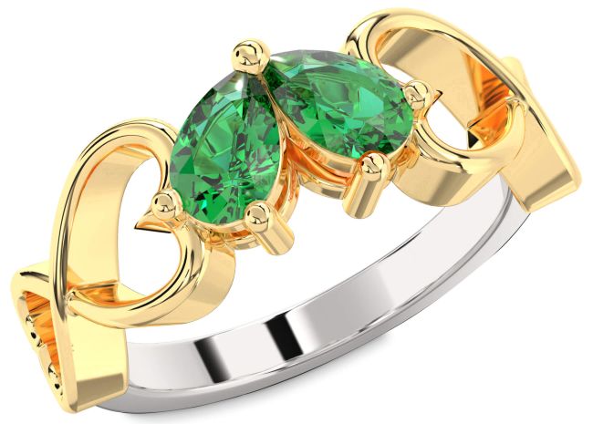 Emerald Gold Silver Infinity Heart Two Stone Birthstone Ring