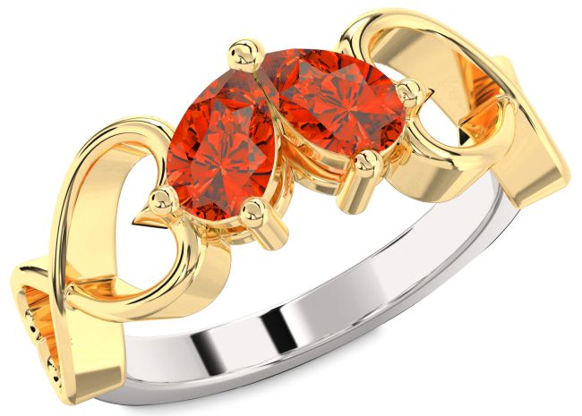 Fire Opal Gold Silver Infinity Heart Two Stone Ring
