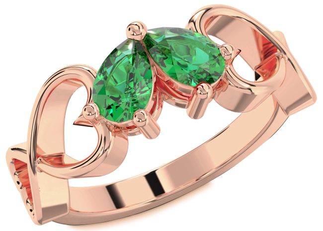 Emerald Rose Gold Infinity Heart Two Stone Birthstone Ring