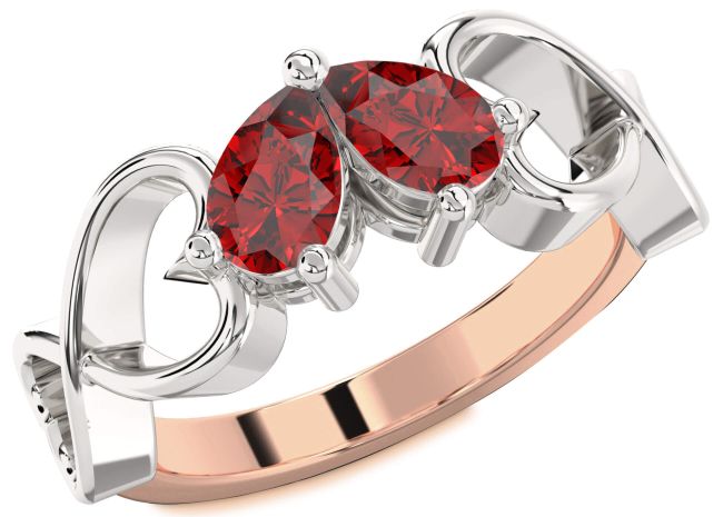 Ruby Rose Gold Silver Infinity Heart Two Stone Birthstone Ring