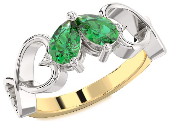 Emerald Gold Silver Infinity Heart Two Stone Birthstone Ring