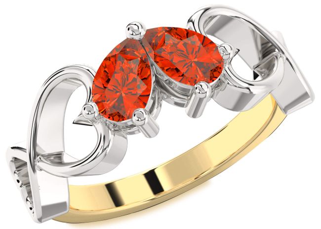Fire Opal Gold Silver Infinity Heart Two Stone Ring