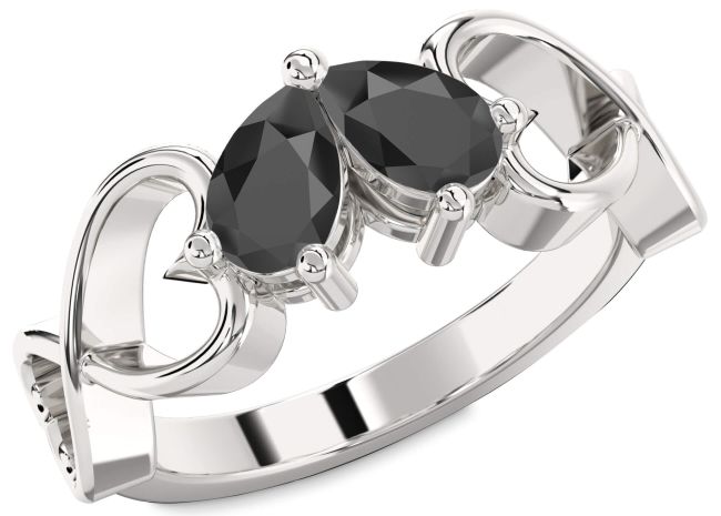 Black Onyx Silver Infinity Heart Two Stone Ring