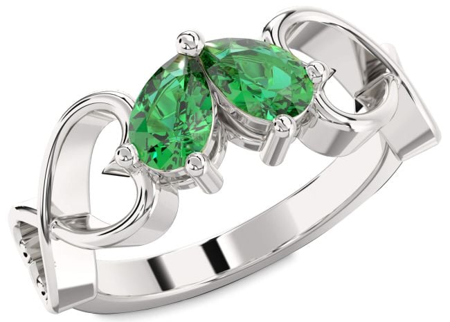 Emerald Silver Infinity Heart Two Stone Birthstone Ring