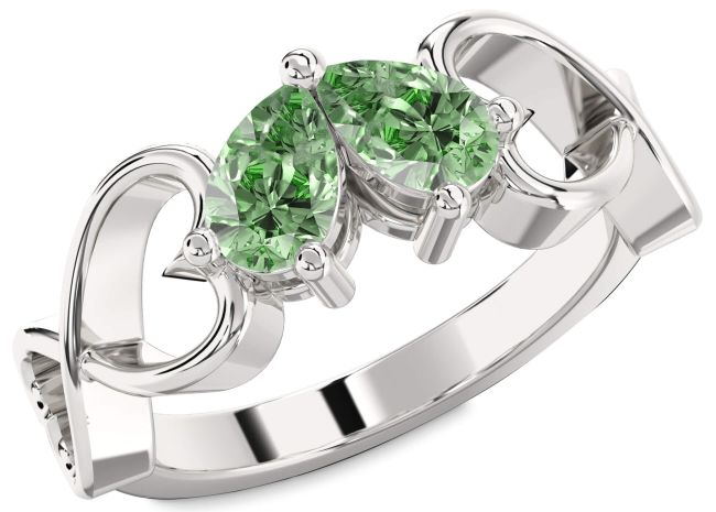 Green Diamond Silver Infinity Heart Two Stone Ring