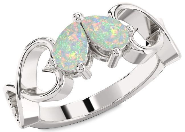 Opal Silver Infinity Heart Two Stone Birthstone Ring