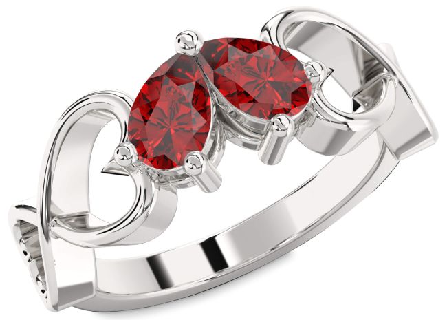 Ruby Silver Infinity Heart Two Stone Birthstone Ring
