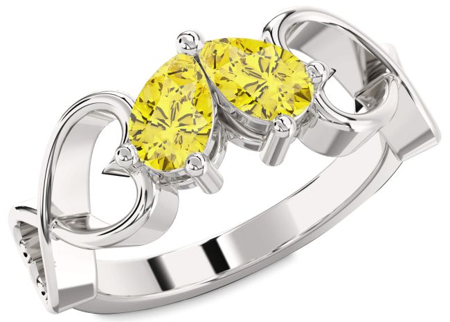 Yellow Diamond Silver Infinity Heart Two Stone Ring