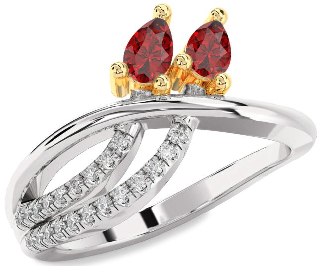 Diamond Ruby Gold Silver Pear Two Stone Birthstone Ring