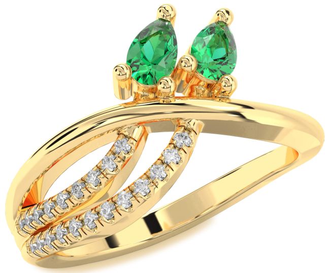 Diamond Emerald Gold Silver Pear Two Stone Birthstone Ring