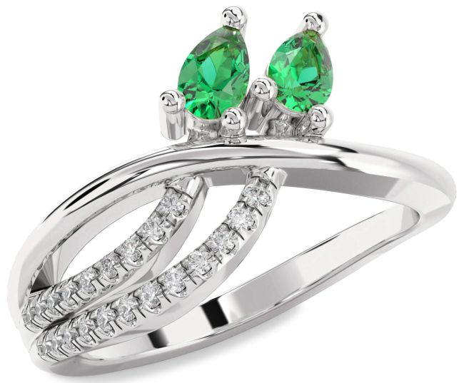 Diamond Emerald Silver Pear Two Stone Birthstone Ring