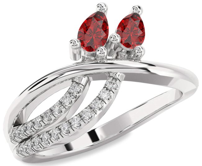 Diamond Ruby Silver Pear Two Stone Birthstone Ring