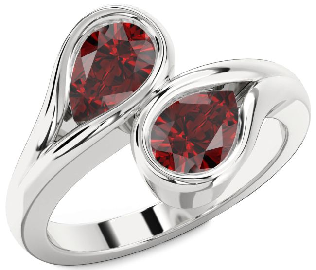 Garnet Silver Pear Two Stone Birthstone Ring