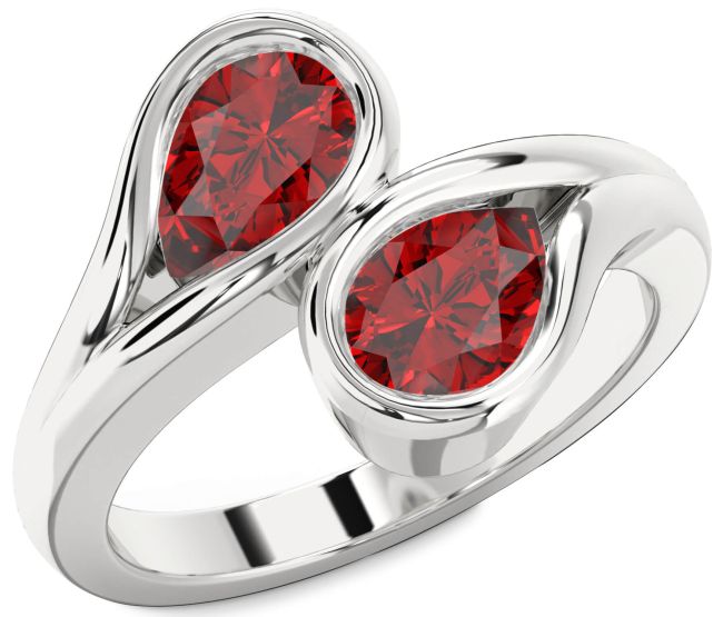 Ruby Silver Pear Two Stone Birthstone Ring