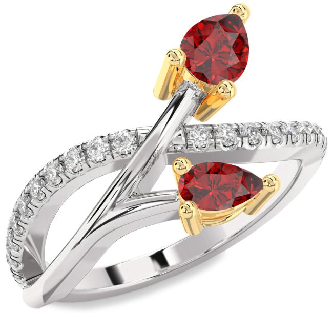 Diamond Ruby Gold Silver Pear Two Stone Birthstone Ring