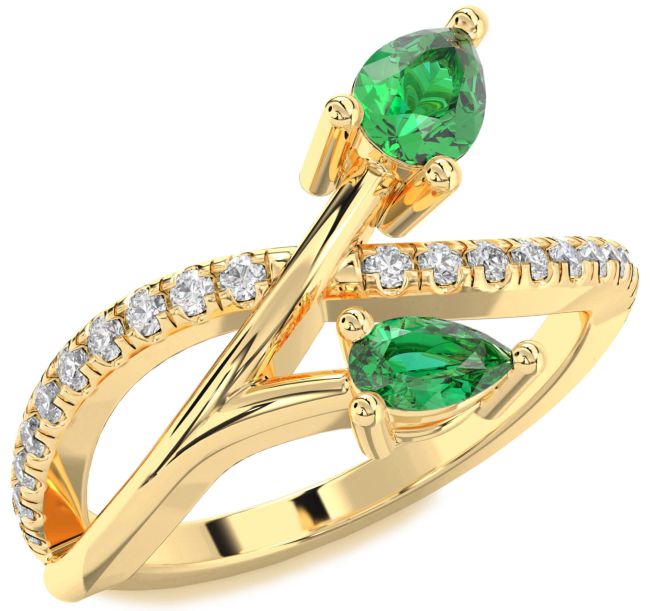 Diamond Emerald Gold Silver Pear Two Stone Birthstone Ring