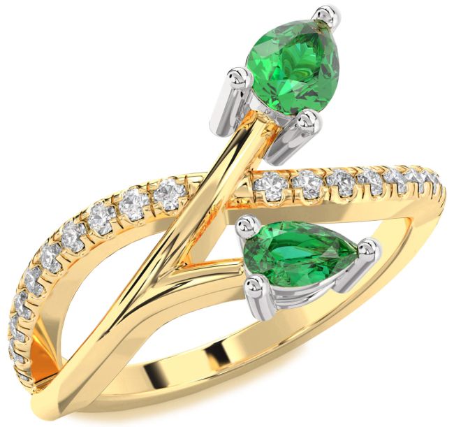 Diamond Emerald Gold Silver Pear Two Stone Birthstone Ring