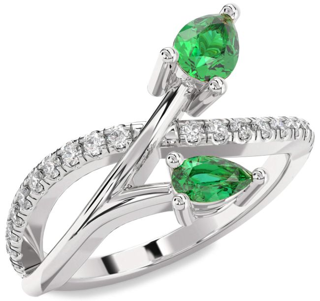 Diamond Emerald Silver Pear Two Stone Birthstone Ring