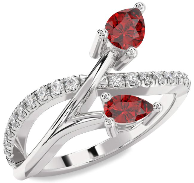 Diamond Ruby Silver Pear Two Stone Birthstone Ring