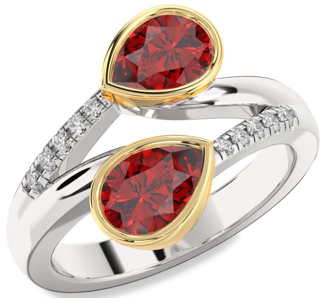 Diamond Ruby Gold Silver Pear Two Stone Birthstone Ring