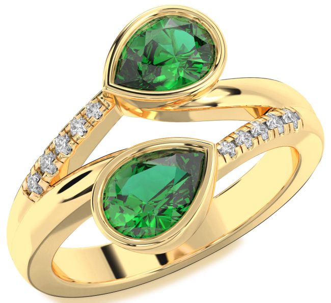 Diamond Emerald Gold Pear Two Stone Birthstone Ring