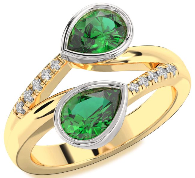 Diamond Emerald Gold Silver Pear Two Stone Birthstone Ring
