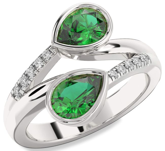 Diamond Emerald Silver Pear Two Stone Birthstone Ring