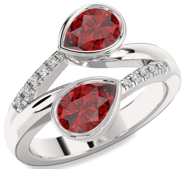 Diamond Ruby Silver Pear Two Stone Birthstone Ring