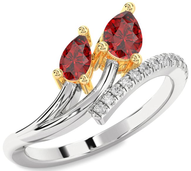 Diamond Ruby Gold Silver Pear Two Stone Birthstone Ring