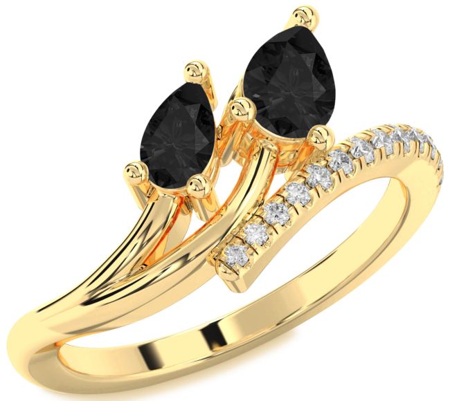 Black Diamond Gold Pear Two Stone Ring