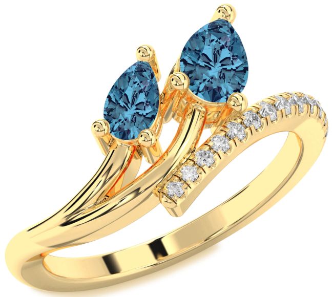 Blue Diamond Gold Pear Two Stone Ring