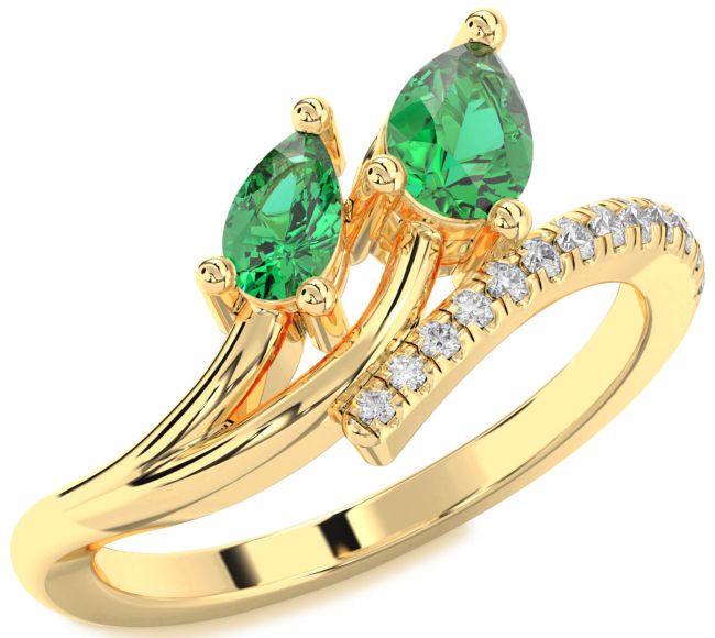 Diamond Emerald Gold Silver Pear Two Stone Birthstone Ring