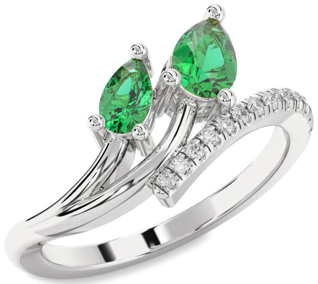 Diamond Emerald Silver Pear Two Stone Birthstone Ring