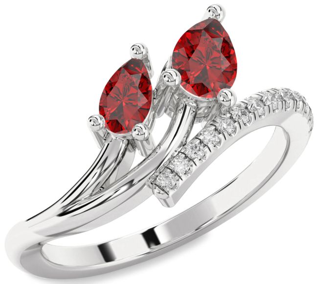 Diamond Ruby Silver Pear Two Stone Birthstone Ring