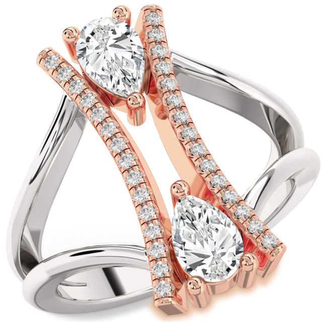 Diamond Silver & 10K Rose Gold Pear Two Stone Ring