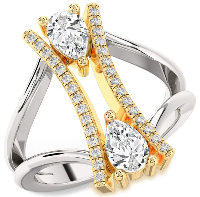 Diamond Silver & 10K gold Pear Two Stone Ring